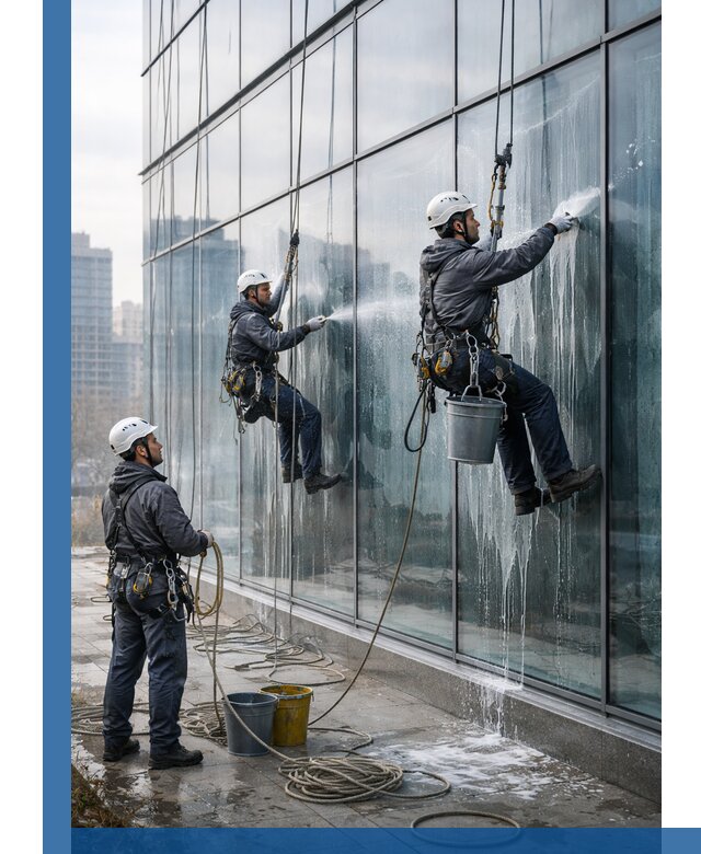 Промышленная мойка панорамных окон на высоте в Архангельске