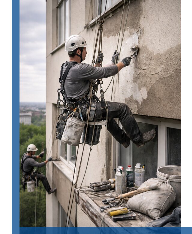 Косметический ремонт фасада зданий в Архангельске промышленными альпинистами