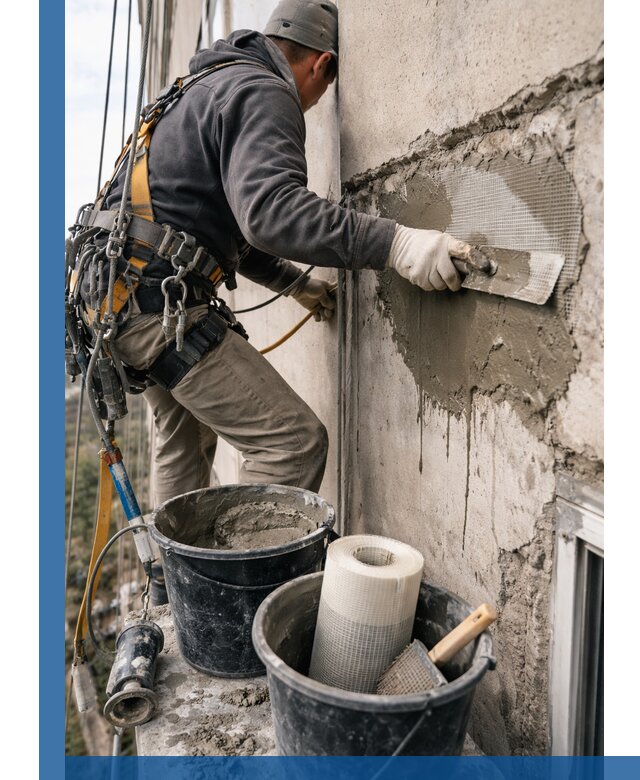 Ремонт бетонных элементов фасада промышленными альпинистами в Архангельске