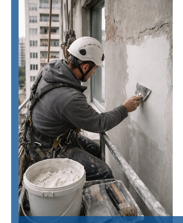 Шпаклевка фасадов на высоте с промальпинистами в Архангельске