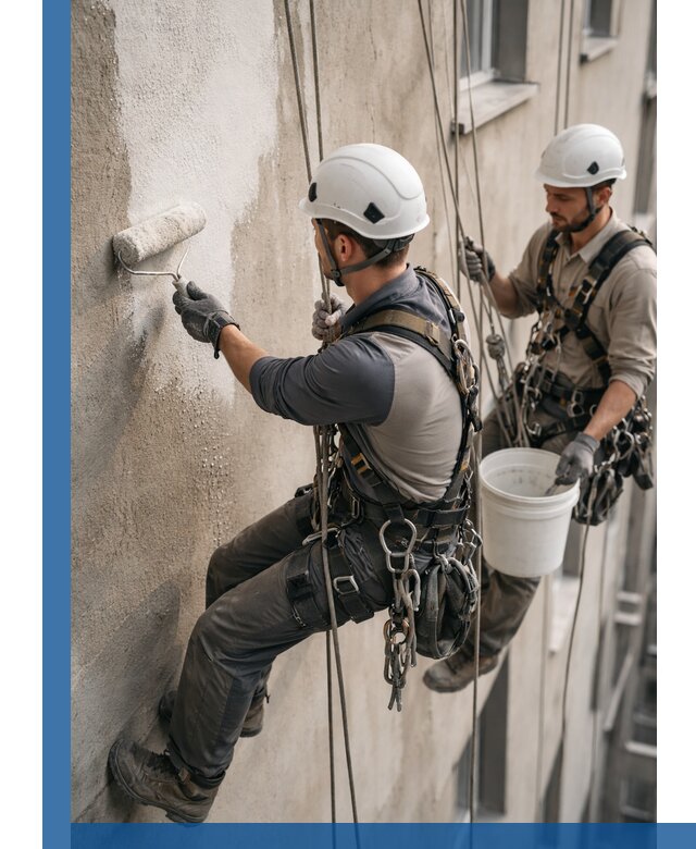 Грунтовка фасада на высоте в Архангельске промышленными альпинистами