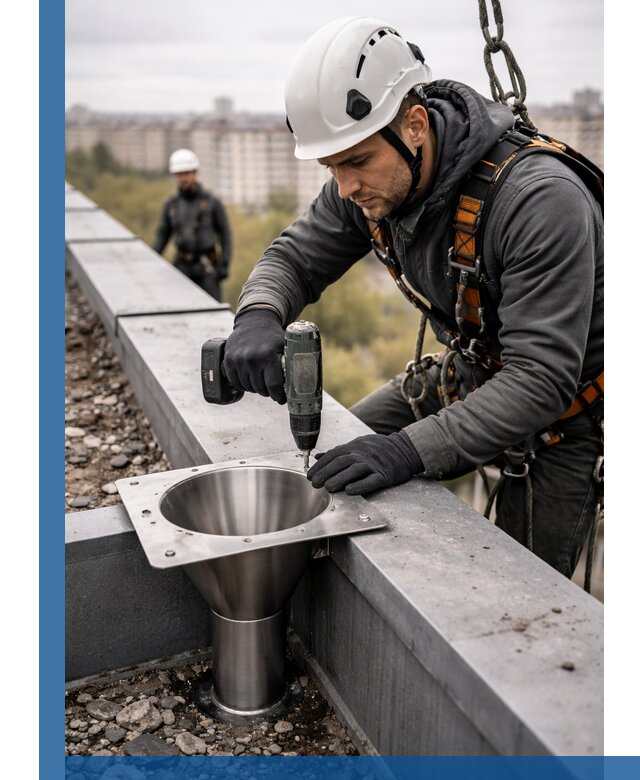 Монтаж водосточных воронок в Архангельске для промышленных зданий