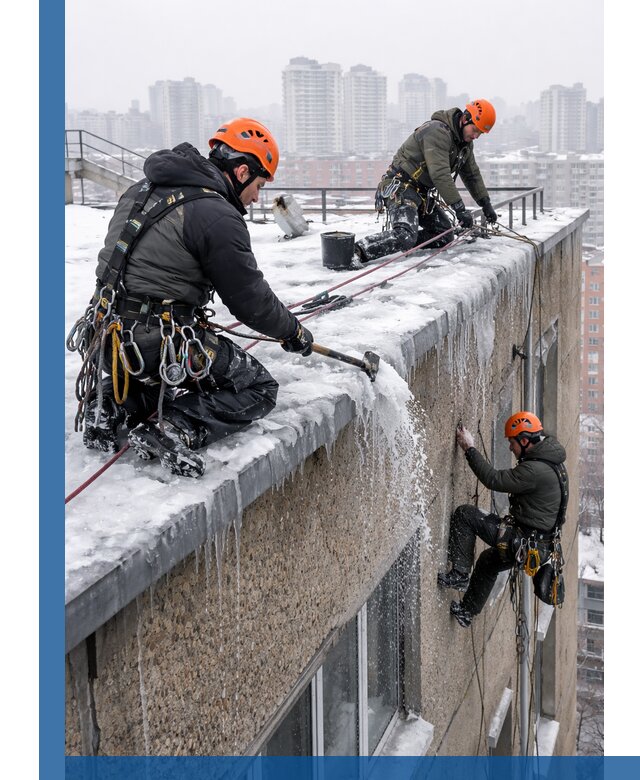 Удаление наледи с кровли в Архангельске промышленными альпинистами