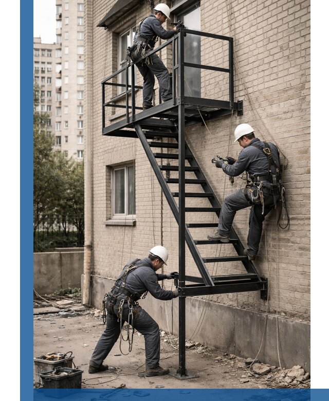 Монтаж пожарной лестницы в Архангельске, установка и крепление