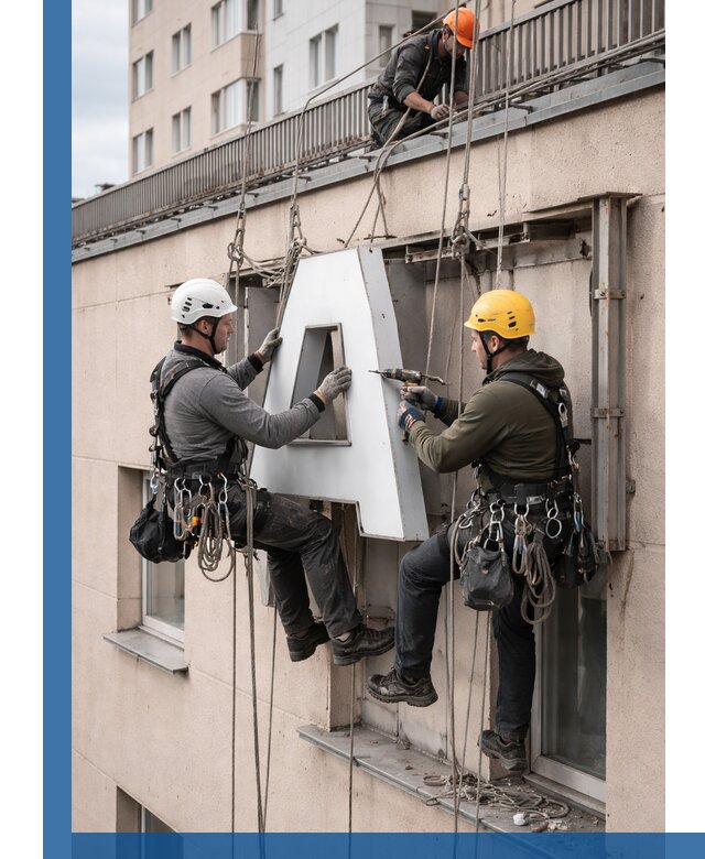 Ремонт и восстановление наружных вывесок на высоте в Архангельске