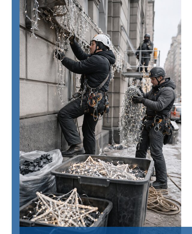 Демонтаж новогоднего оформления и гирлянд в Архангельске