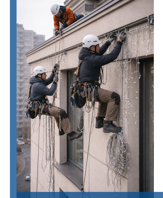 Монтаж праздничных гирлянд на фасаде в Архангельске для зданий