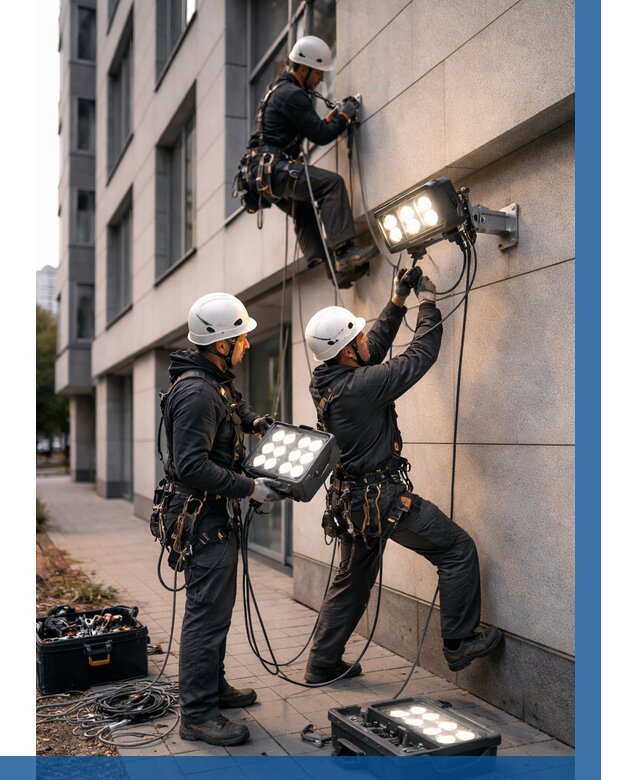 Монтаж прожекторов на фасаде в Архангельске от 7711 р. | ВЫСОТНИК-Рхн