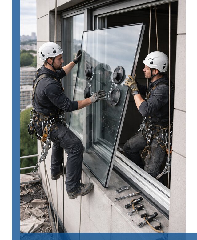 Замена стеклопакетов на высоте с промышленными альпинистами в Архангельске