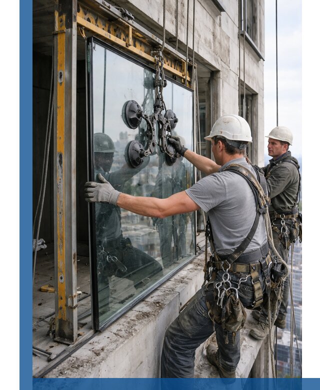 Монтаж стеклопакетов на высоте в Архангельске с промышленным альпинизмом