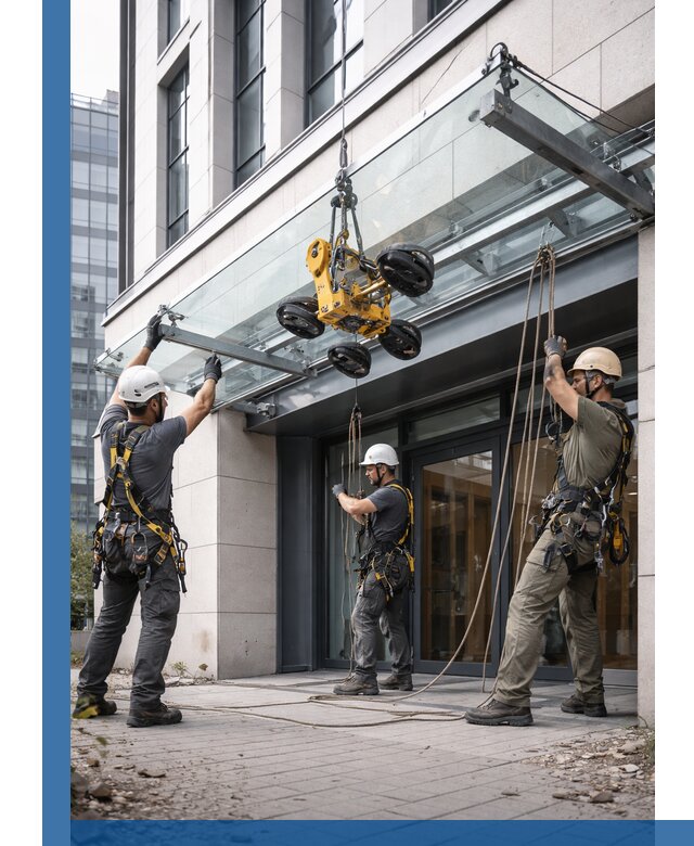 Монтаж стеклянных козырьков под ключ в Архангельске для зданий