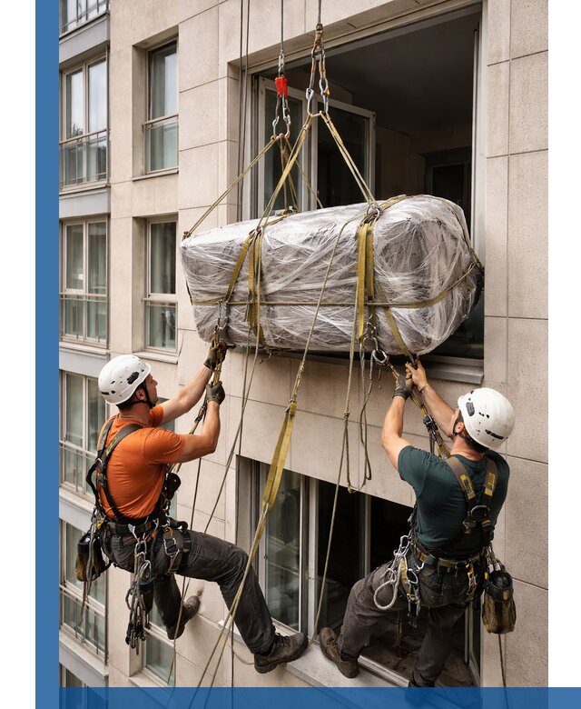 Подъем грузов через окно в Архангельске промышленными альпинистами