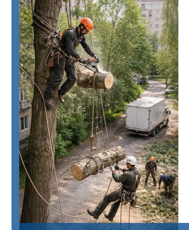 Спил деревьев альпинистами в Архангельске, безопасно и без повреждений